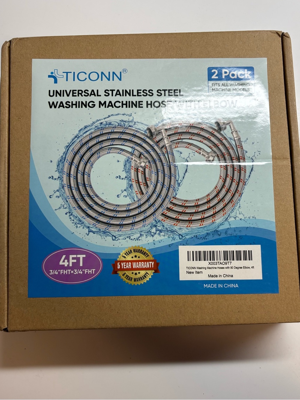 TICONN Universal Stainless Steel Washing Machine Hose 2-Pack - 4ft Right Angle